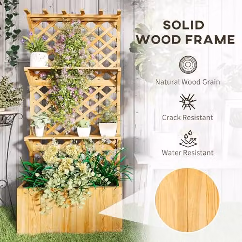 Outsunny Wooden Raised Planter with Trellis and 2 Shelves, Brown and Beige – 6