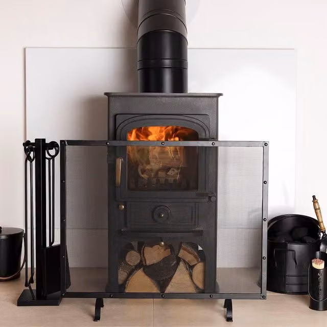 Charles Bentley Aspen Contemporary Iron Fireguard in Silver Mesh with Black Border and Matte Finish – 1
