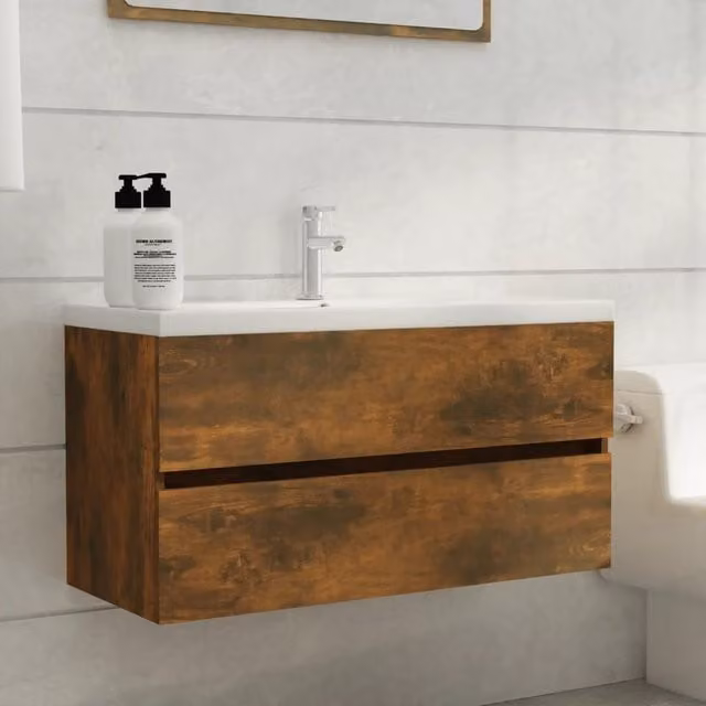 Berkfield Home Smoked Oak Sink Cabinet in Brown, W/D/H: 90 x 38.5 x 45 cm – 1