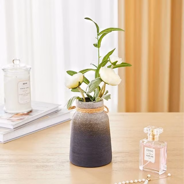 Komore Minimalist Black and Grey Gradient Ceramic Decorative Tabletop Vase with Jute Rope