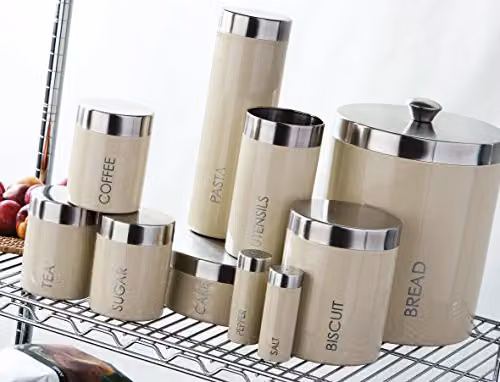 Premier Housewares Airtight Enamel and Stainless Steel Canister Set in Beige, White and Silver – 2