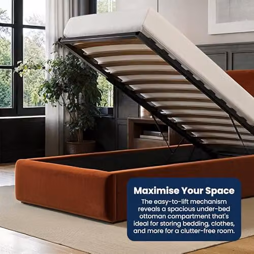 Flair Furnishings Alba Single Ottoman Bed Frame with Storage and Curved Headboard in Orange Velvet, W/D/H: 90 x 190 x 105 cm – 4
