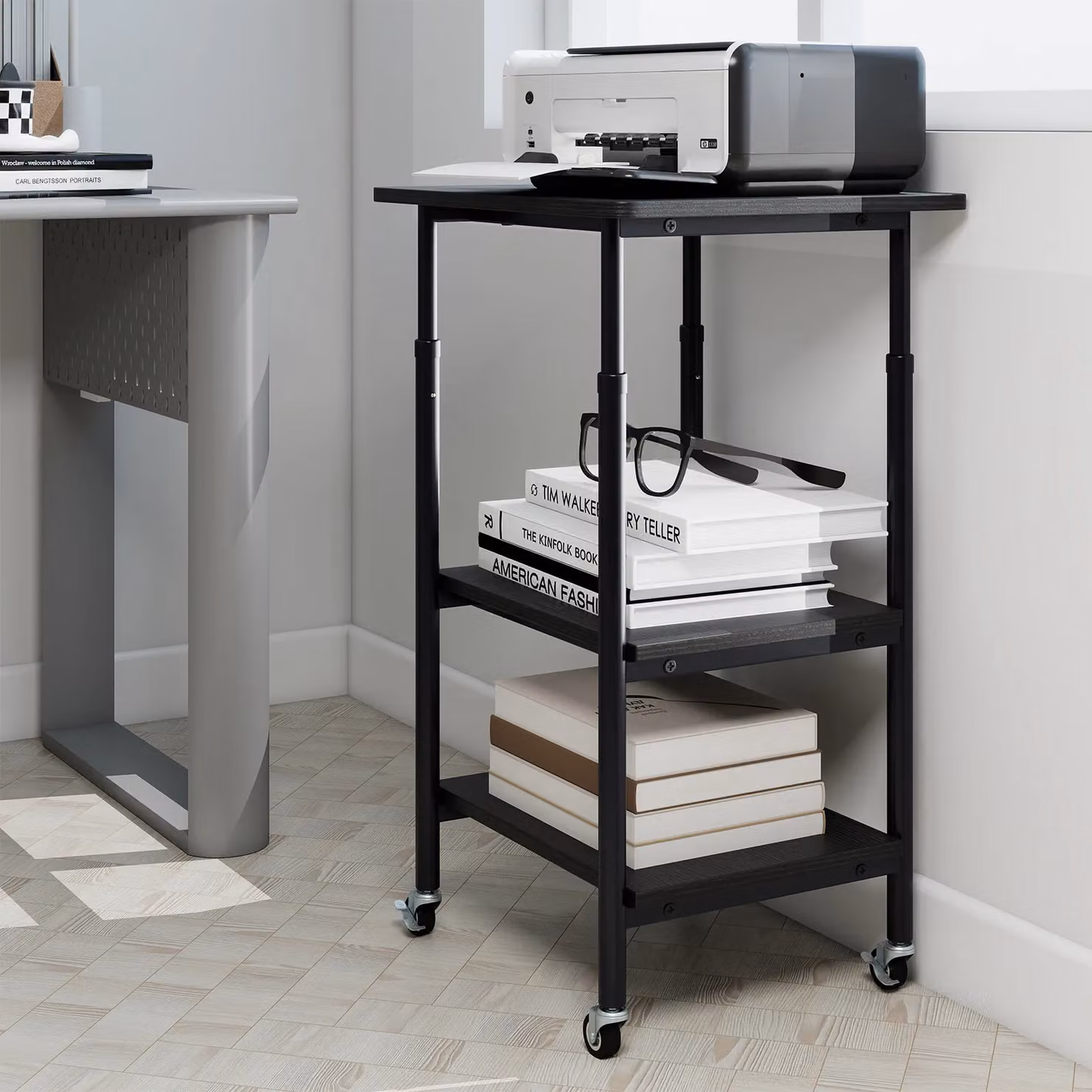 Costway 3-Tier Height Adjustable Printer Stand and Cart with Storage in Black – 8