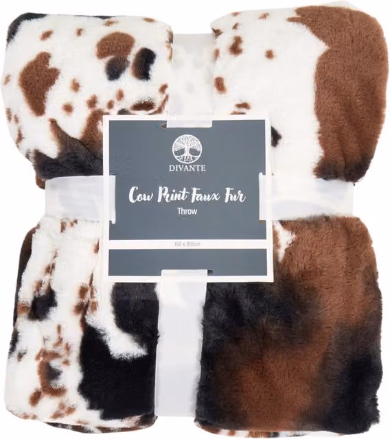 Divante Cow Print Faux Fur Throw in White and Multicolour