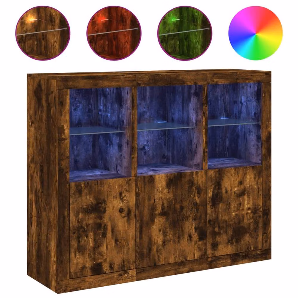 Berkfield Home Set of 3 Modern Sideboards with Integrated LED Lighting in Smoked Oak Brown – 3