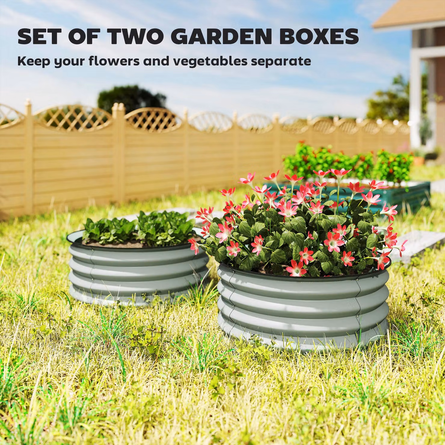 Outsunny Set of 2 Green Metal Raised Garden Bed Planter Boxes with Safety Edging – 4