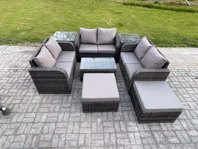 Fimous 8 Seater Rattan Garden Furniture Set in Dark Grey with U-Shape Lounge Sofa, Coffee Table, Side Tables and Ottomans