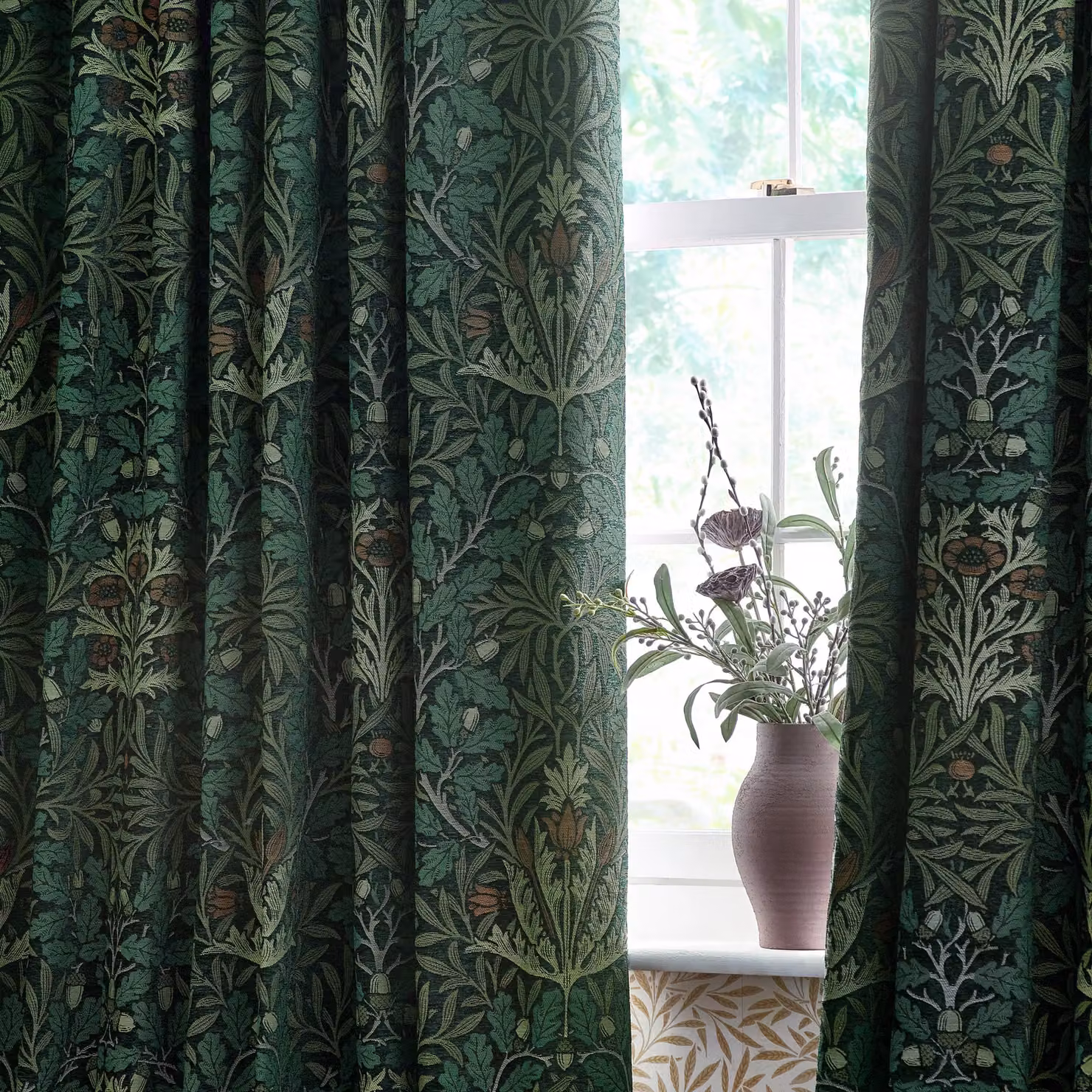 Morris & Co Acorn Multi Floral Jacquard Room Darkening Pencil Pleat Curtains in Green, Width: 168 cm, Drop: 229 cm – 3
