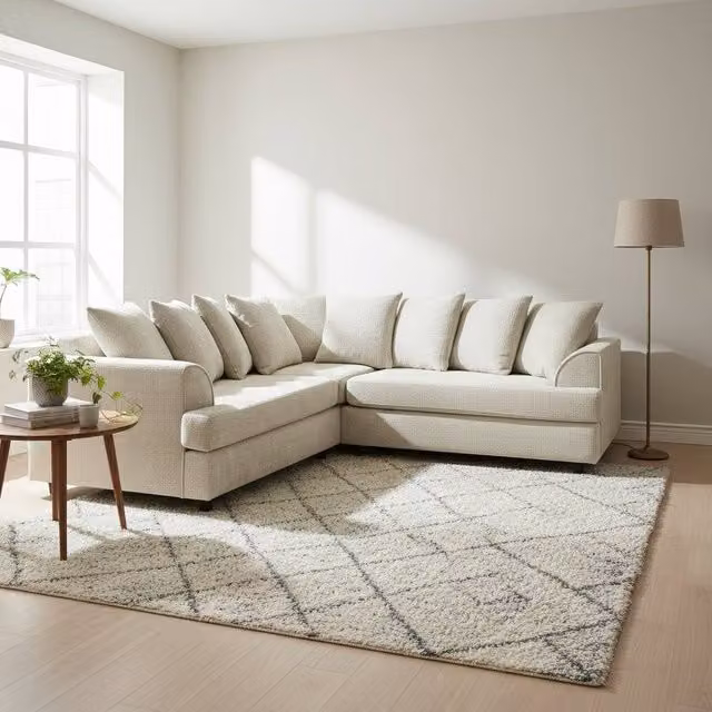 Abakus Direct Ferguson L-Shape Corner Sofa in Beige with Deep Seats and Scatter Cushions