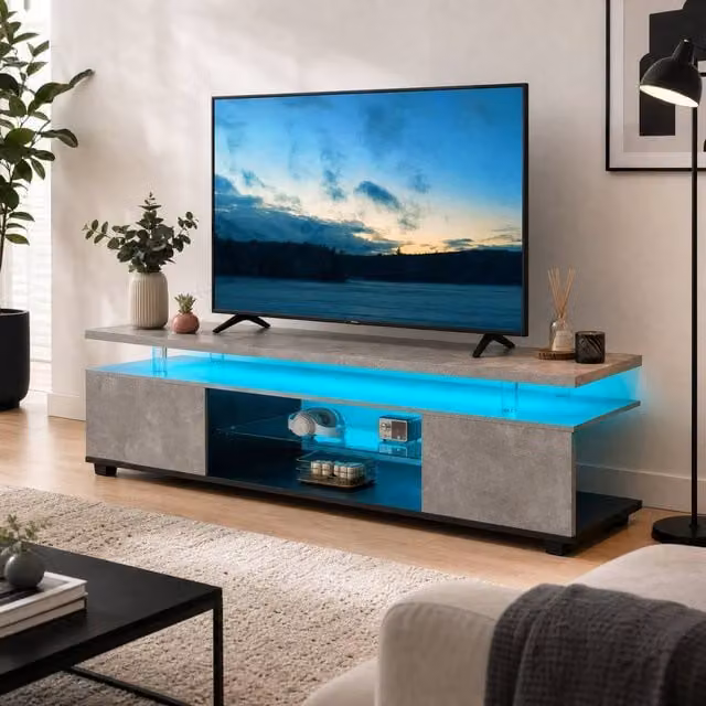 STILVORA Modern TV Stand with LED and Storage in Grey and Black – 1