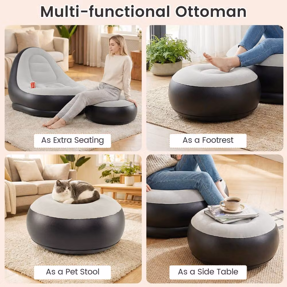 Costway Inflatable Lounge Sofa with Ottoman Single Blow Up Couch in Grey – 6