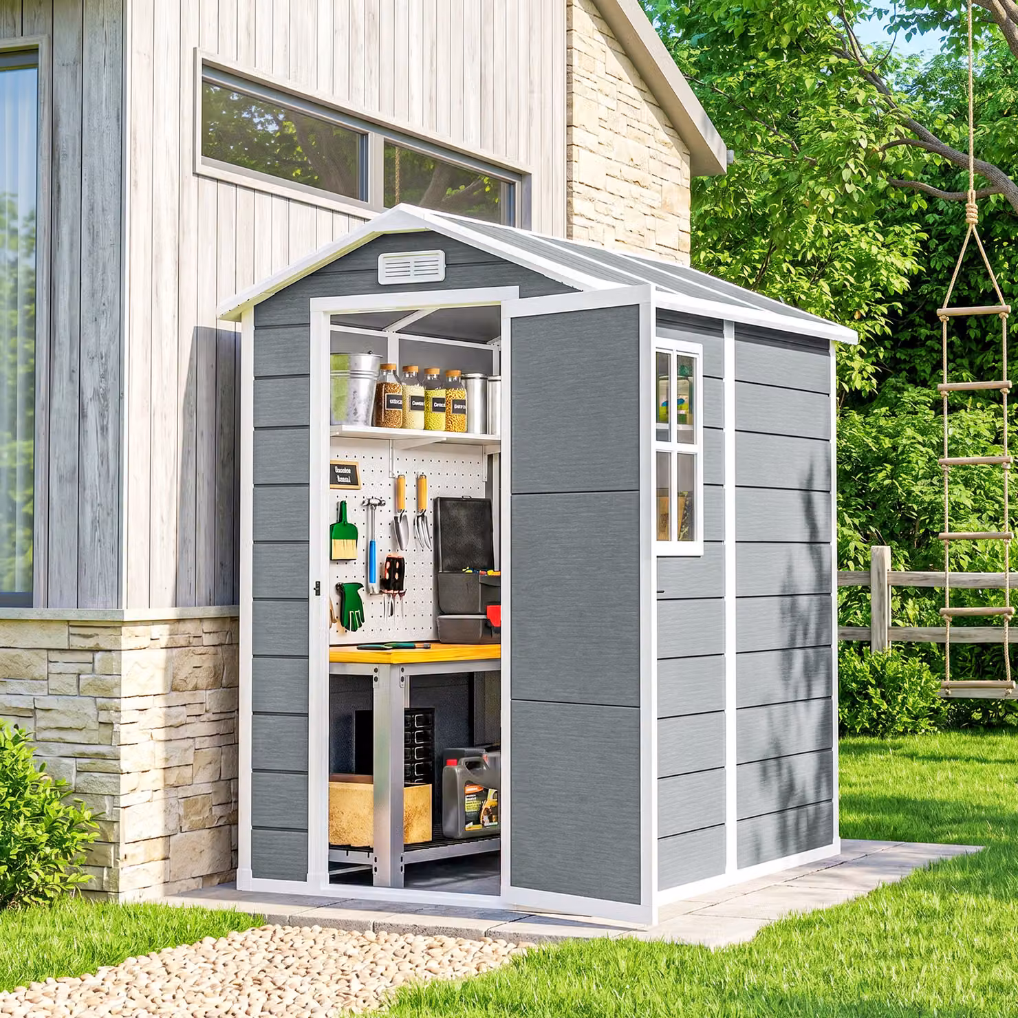 Outsunny Grey Outdoor Storage Shed with Built-In Floor, Lockable Door, Windows and Vents, W/D/H: 121.92 x 175 x 121.92 cm – 2
