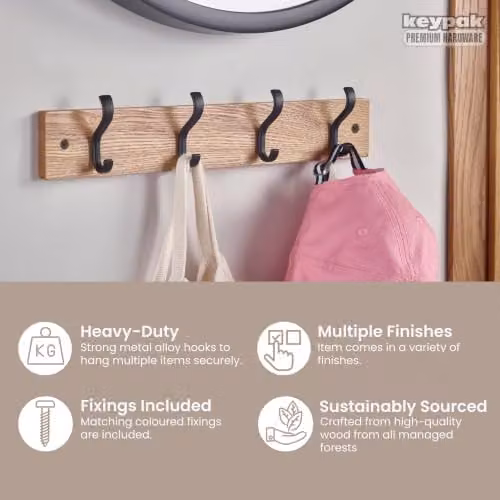 keypak Wall-Mounted Coat Rack with 4 Black Hooks on Ash Wood, Width: 38 cm – 2