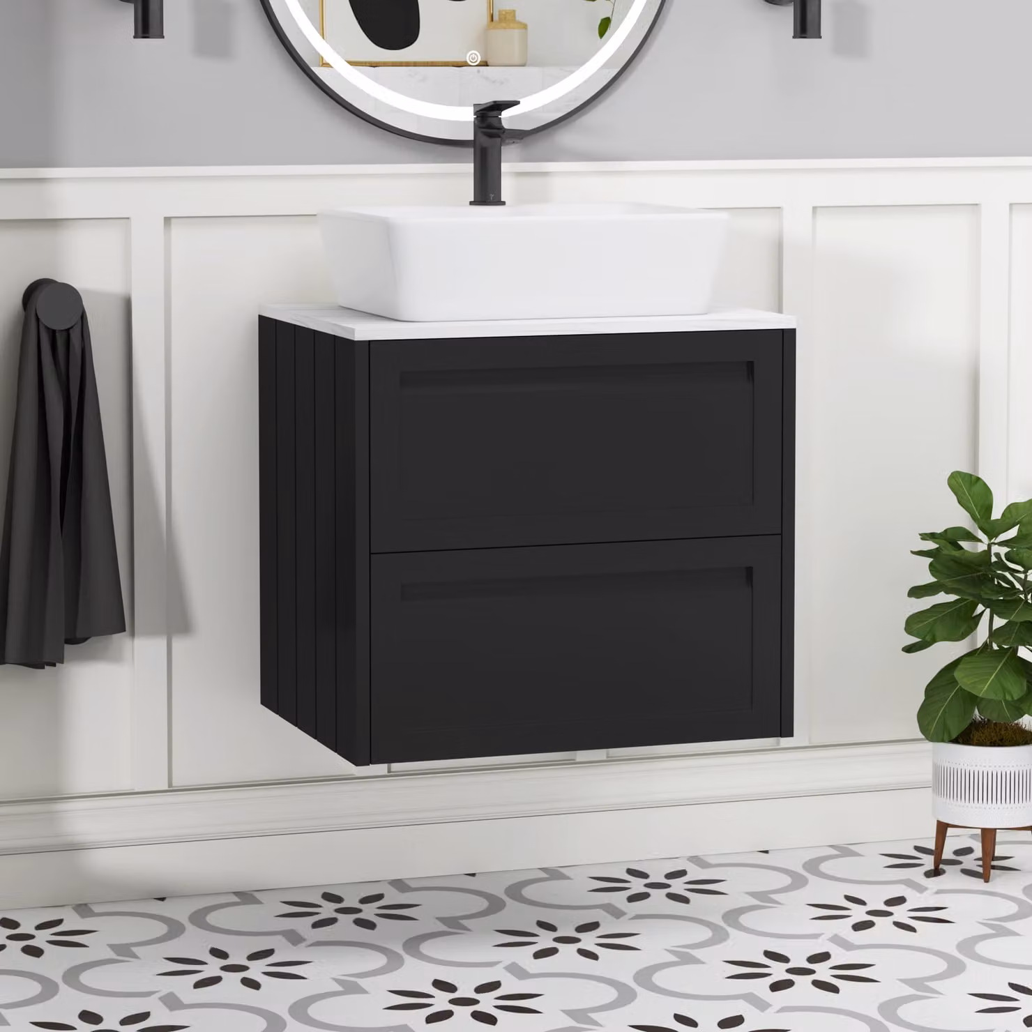 Royal Bathrooms Elmore Wall Hung Vanity Unit with 2 Drawers and Cube Basin in Matt Nocturne Black, W: 60 cm