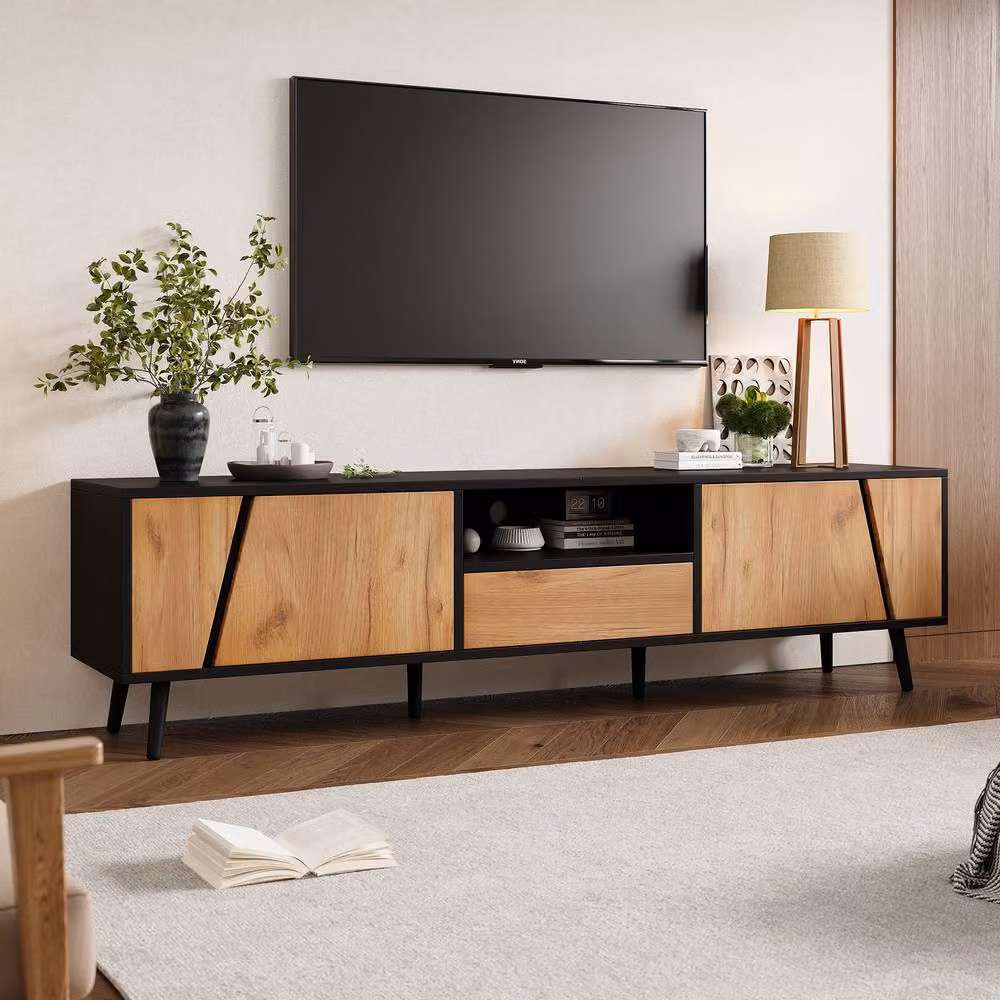 Merax Modern Black Wood TV Stand with Geometric Asymmetric Doors and Push-to-Open Drawer, W: 180 cm, D: 40 cm, H: 46 cm – 2