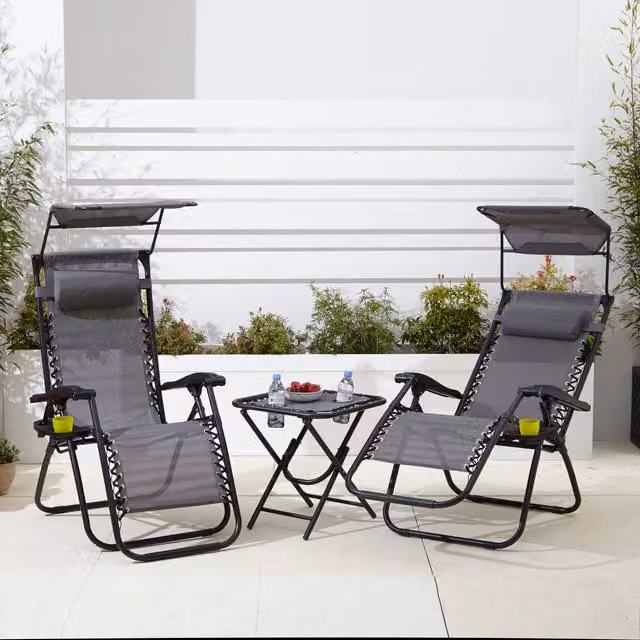 Neo Grey Folding Zero Gravity Chairs and Table Set with Sun Canopy and Armrests