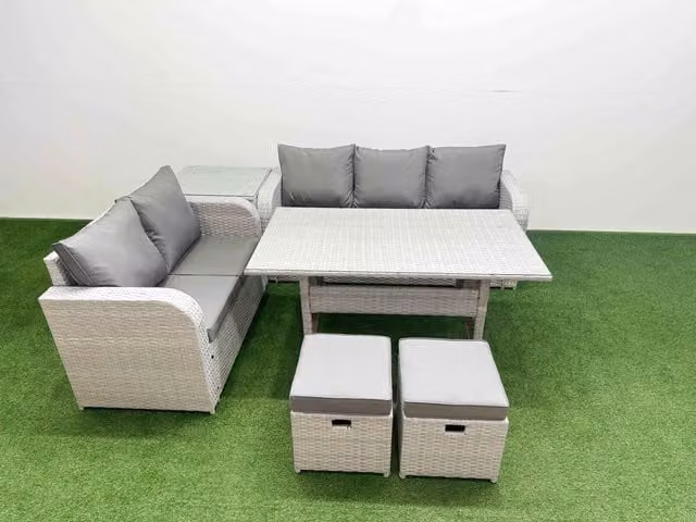 Fimous 7 Seater Grey PE Rattan Wicker Garden Furniture Set with Rectangular Dining Table, 3 Seater Sofa, Love Seat, 2 Stools and Side Table