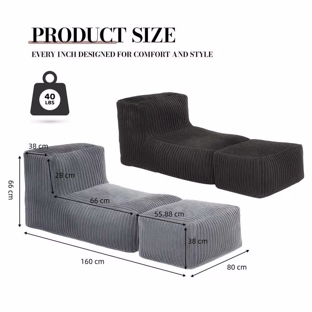 Aosom UK Modular Bean Bag Sofa with Ottoman in Dark Grey, W/D/H: 80 x 160 x 66 cm – 3