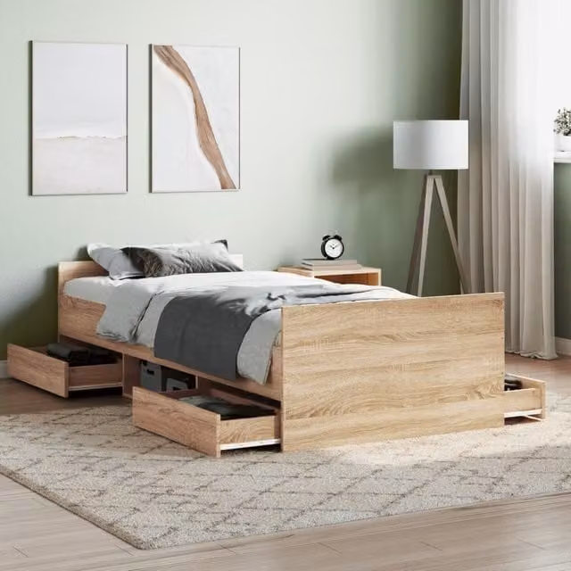 Berkfield Home Sonoma Oak Bed Frame with Headboard and Footboard in Brown, W/D/H: 90 x 200 cm