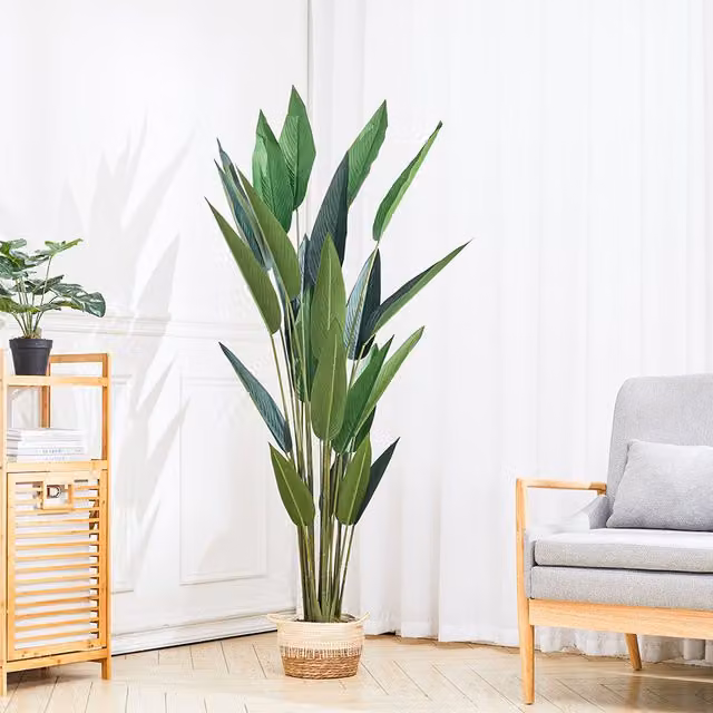 Livingandhome Artificial Tropical Green Plant with Black Round Pot, Height: 180 cm