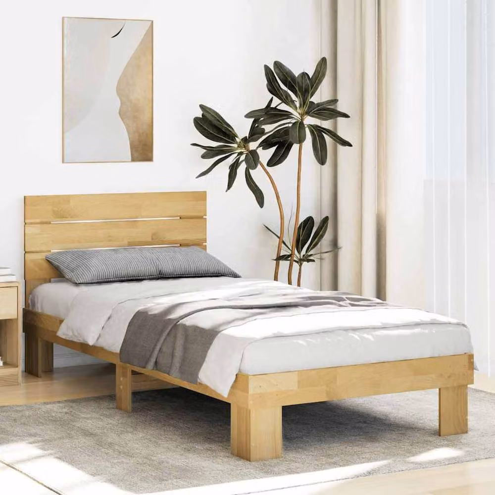 Berkfield Home Solid Wood Oak Bed Frame with Headboard in Brown, W/D/H: 75 x 190 cm – 2
