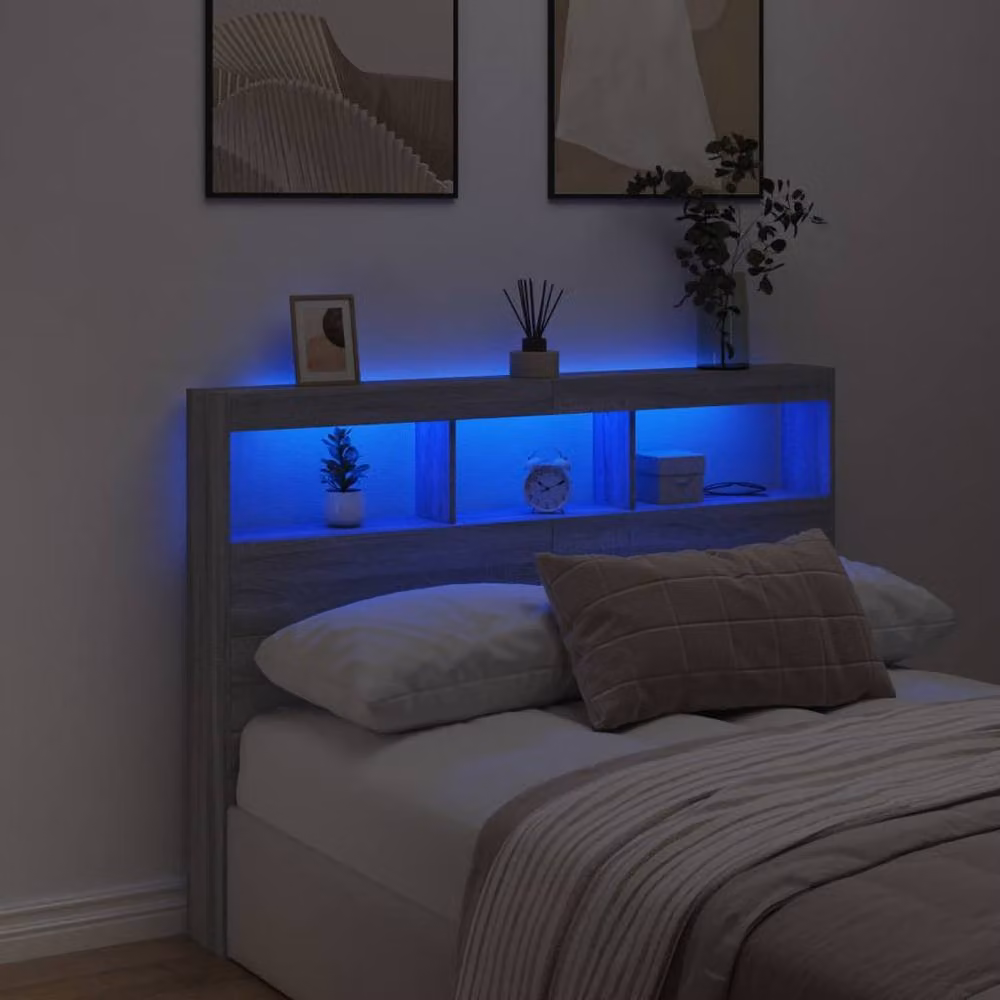 Berkfield Home Modern Wall Mount Headboard Cabinet with LED Lighting and USB Charging Port in Grey Sonoma, W: 140 cm, D: 17 cm, H: 102 cm – 3