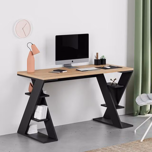 Decortie Modern Oak Writing Desk with Black X-Frame Legs