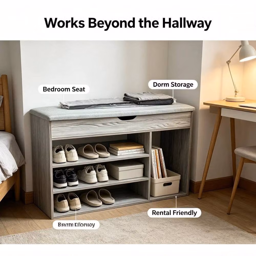 KORVIXA Grey Fabric Shoe Bench with Cushion Seat and Hallway Storage Rack Organiser – 4
