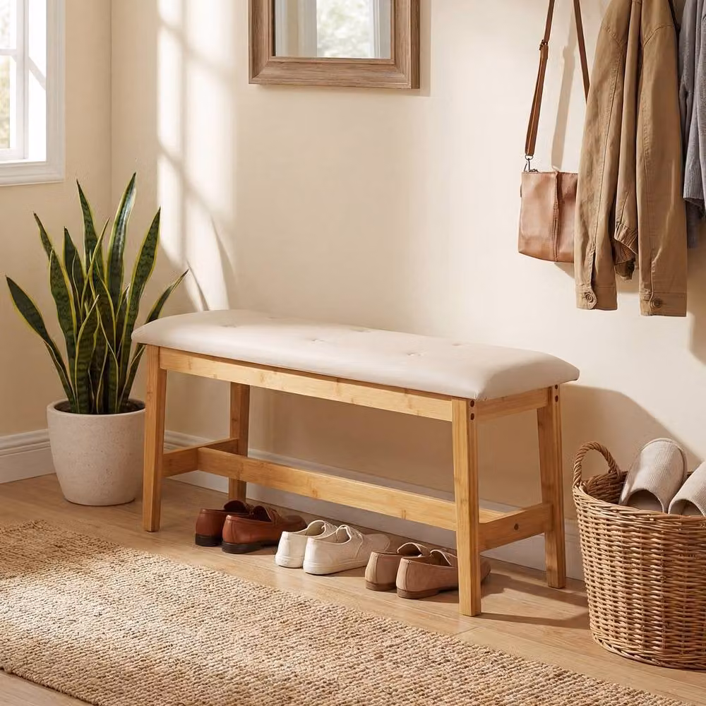 Costway Button Tufted Upholstered End of Bed Bench with Padded Seat in Beige – 3