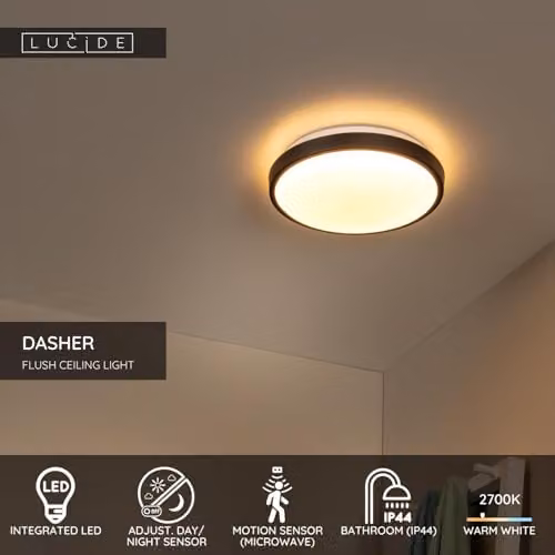 Lucide Dasher LED Ceiling Light Black, Diameter: 29.3 cm, IP44 with Motion Sensor, Warm White 2700K – 2