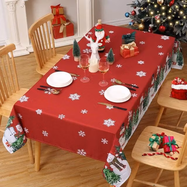 London Boutique Red Christmas Tablecloth with Xmas Tree and Snowman Design, W: 137.16 cm, D: 200.66 cm