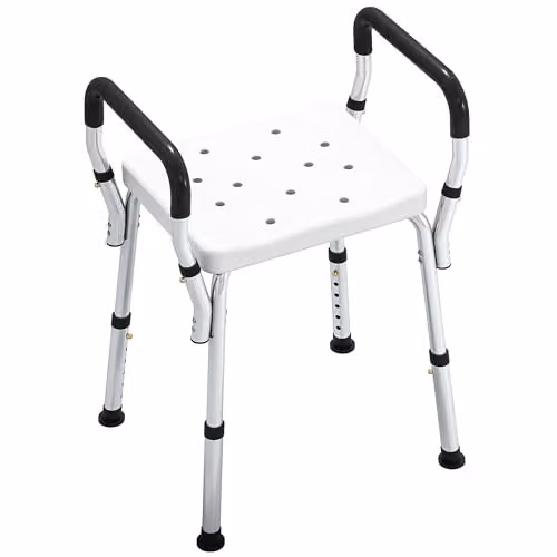 HOMCOM Non-Slip Portable Shower Stool with Adjustable Height and Drainage Seat in White – 1