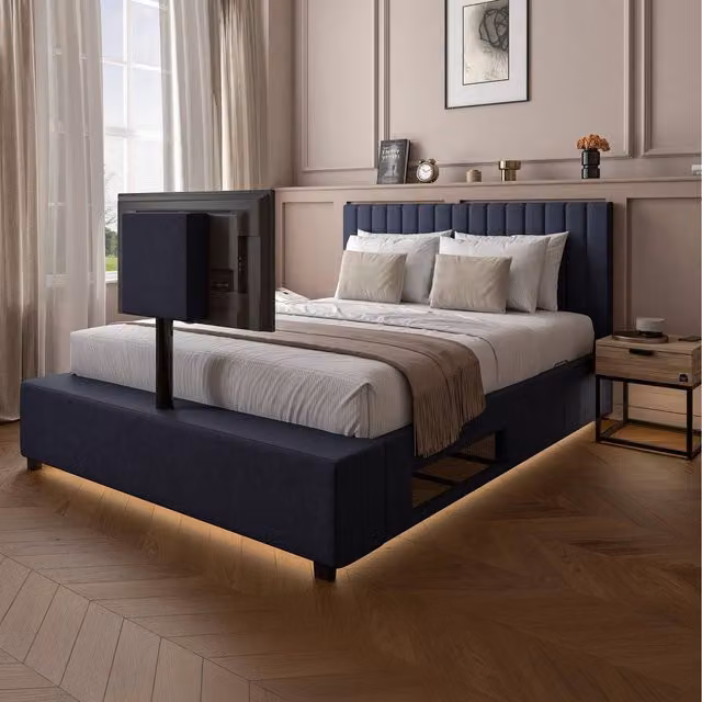 XR Living Maisie Upholstered Ottoman TV Bed with LED Lighting in Navy Blue, 140 x 200 cm