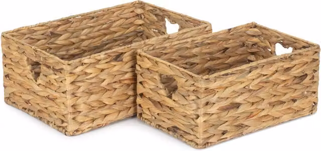 Red Hamper Set of 2 Shallow Water Hyacinth Storage Baskets in Brown and Red – 2