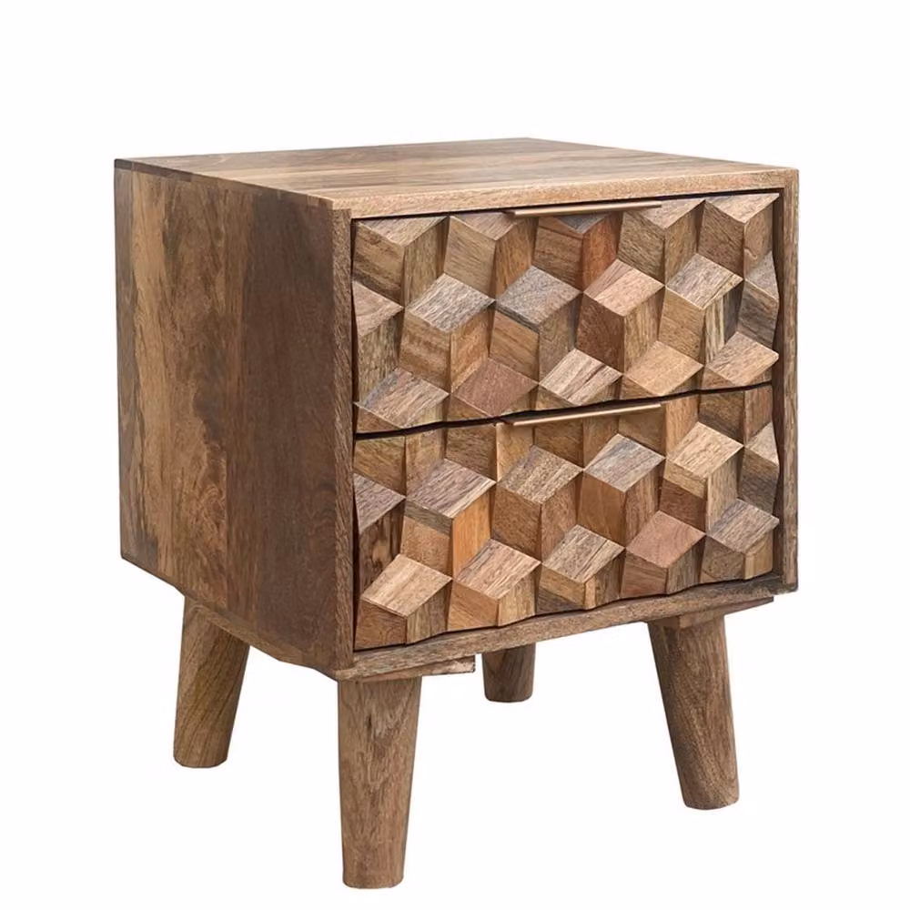 Jaipur Furniture Ltd Geometric 2 Drawer Bedside Table in Mango Wood, Brown, W: 40 cm, D: 40 cm, H: 50 cm – 2