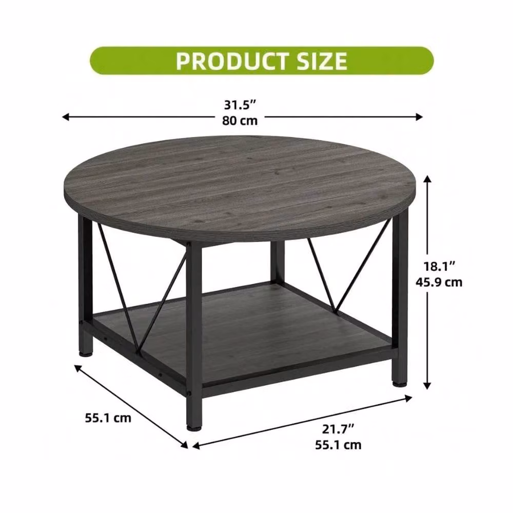 VOGREX Retro Round Coffee Table with Bottom Storage Shelf and Metal Legs in Dark Grey – 4