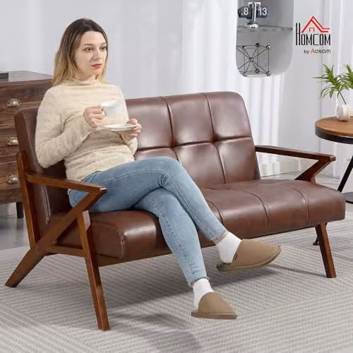 HOMCOM Vintage 2 Seater Compact Sofa in Brown Synthetic Leather with Solid Wood Frame, W/D/H: 133 x 81 x 78.5 cm – 2