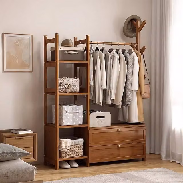 FORGEVIO Brown Lacquered Wood Garment Clothes Coat Rack with Dual Hook and Rail Matrix, W/D/H: 80 x 30 x 138 cm