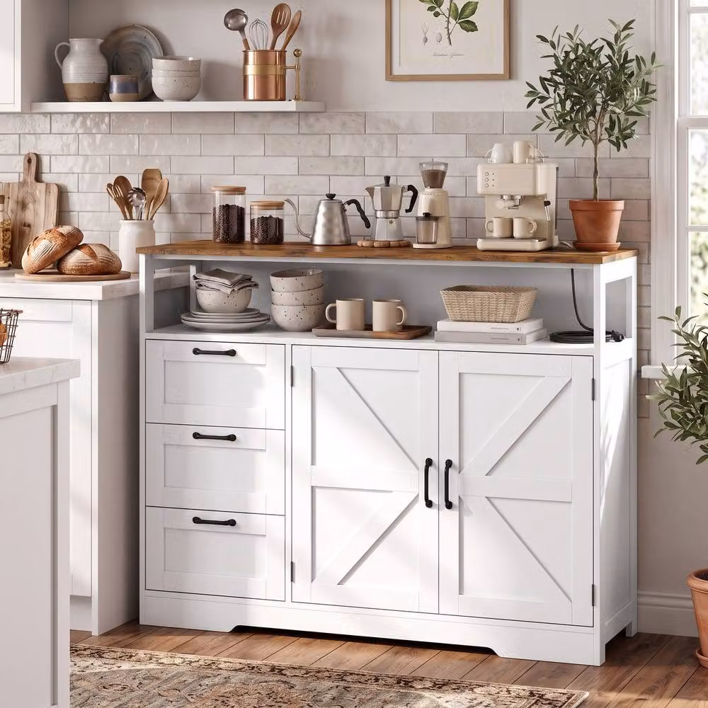 HOMCOM Rustic White and Brown Wood Sideboard Buffet Cabinet with Storage and Power Outlet – 2