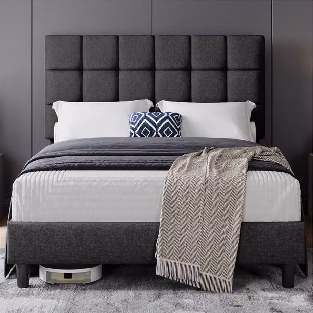 Yaheetech Upholstered Bed Frame with Square Tufted Headboard in Grey, 140 x 200 cm