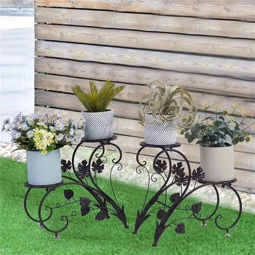 KORVIXA Set of 2 Black Metal Round Potted Plant Stands, H 45.0 x W 42.5 x D 21.0 cm – 3