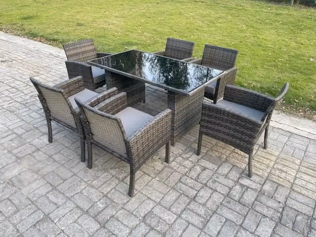 Fimous 6 Seater Rattan Garden Furniture Set with Rectangular Table in Dark Grey