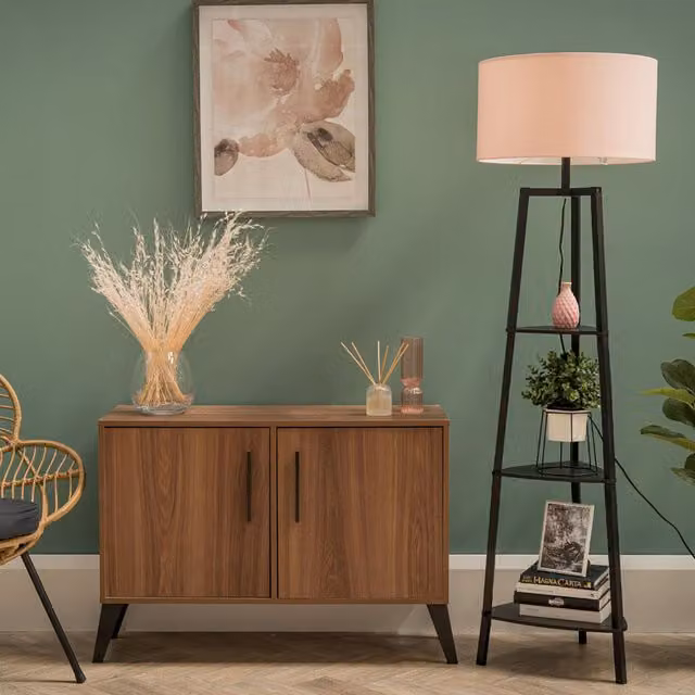 Hiru 3 Tier Modern Floor Lamp with Metal Shelf and Black Fabric Drum Shade