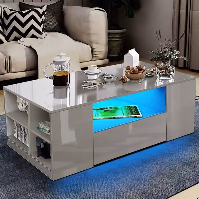 Comfy Living Modern Rectangular 2 Drawer LED Coffee Table in Grey High Gloss