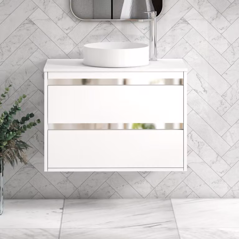 Royal Bathrooms Orion 800mm Matt White Wall Hung 2 Drawer Vanity Unit with Art Basin and Chrome Accent Trim