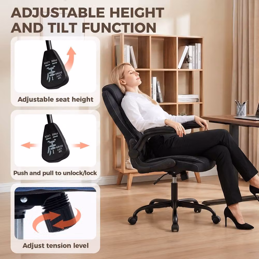 STILVORA Black Fabric Task Chair with Swivel Seat and Armrests for Home Office – 7