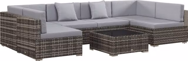 Outsunny 7 Piece PE Rattan Garden Furniture Set in Mixed Grey with L-Shape Corner Sofa, Glass Coffee Table and Padded Cushions