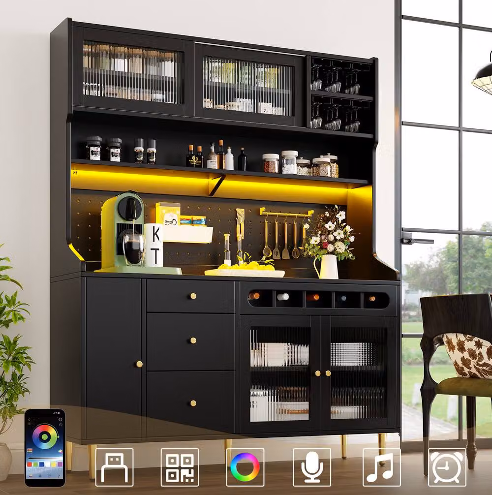 STILVORA Modern Tall Cabinet with Integrated LED Lighting and Black Sliding Glass Doors – 2