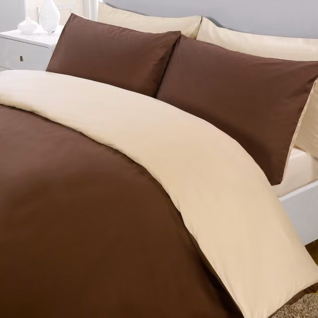 Rapport Home Reversible Brown Polycotton Percale Duvet Cover and Pillowcase Set
