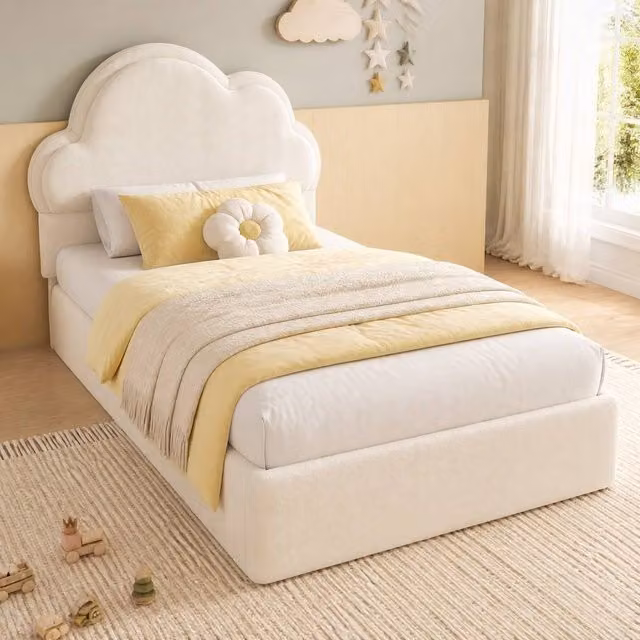 STILVORA Single Upholstered Velvet Bed with Lift Up Storage Base in Beige, W/D/H: 90 x 190 cm – 1